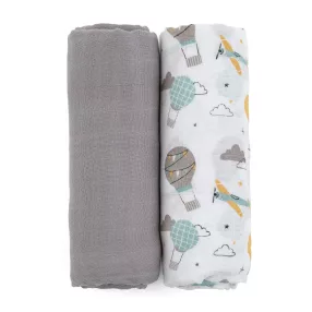   PETITE&MARS Bambusz muszlin 2db-os pelenka szett Misty Grey Planes, 120 x 120 cm