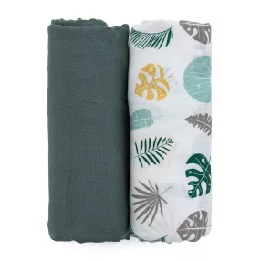   PETITE&MARS Bambusz muszlin 2db-os pelenka szett Misty Green Leaves, 120 x 120 cm