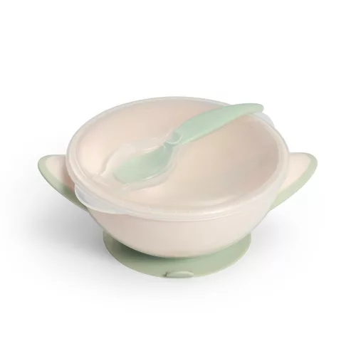 BabyOno tányér - tapadó aljú, fedeles, kanállal krém/zöld 1063/07