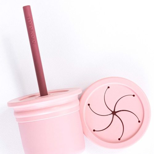 Szilikon snack tartó, pohár és szívószál pink/rose | Minikoioi