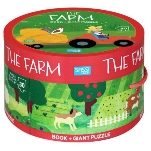 Sassi Fejlesztő játék kerek dobozban – padló puzzle és könyv, farm