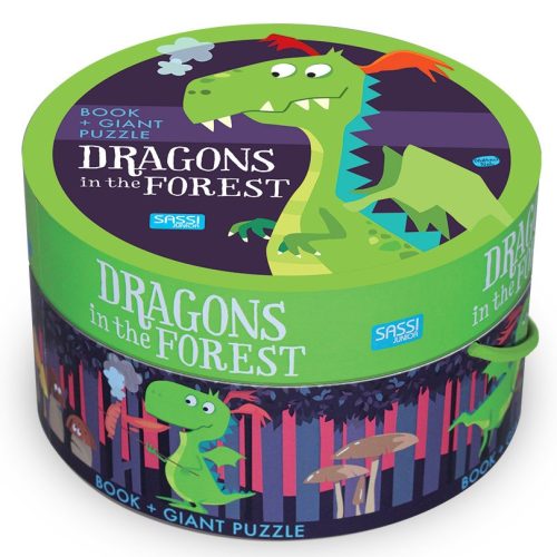 Sassi Fejlesztő játék kerek dobozban – padló puzzle és könyv, sárkányok az erdőben