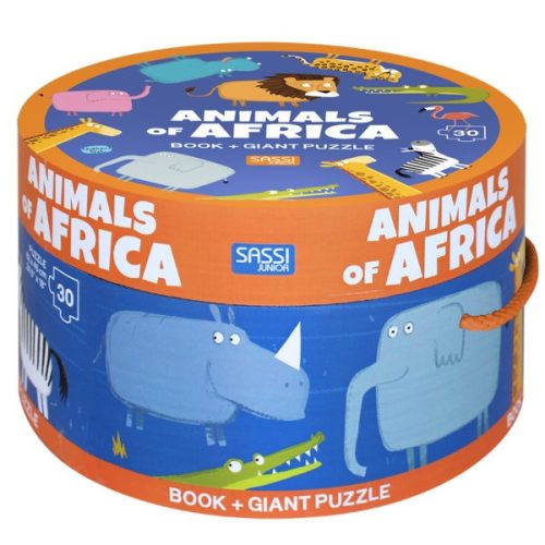 Sassi Fejlesztő játék kerek dobozban – padló puzzle és könyv, Afrika állatai