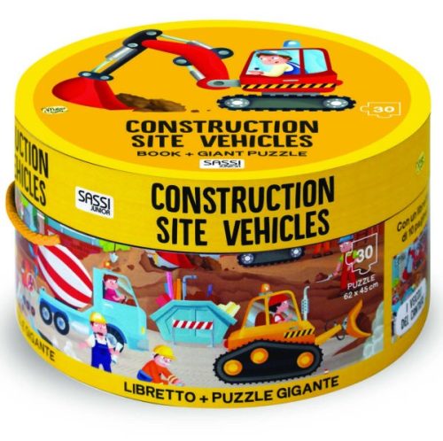 Sassi Fejlesztő játék kerek dobozban – padló puzzle és könyv, járművek