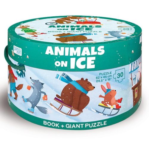 Sassi Fejlesztő játék kerek dobozban – padló puzzle és könyv, állatok a jégen