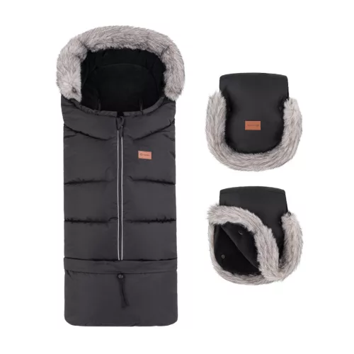 PETITE&MARS Téli szett Arctic 4in1 bundazsák + kézmelegítő kesztyű babakocsira Furry Forever Black