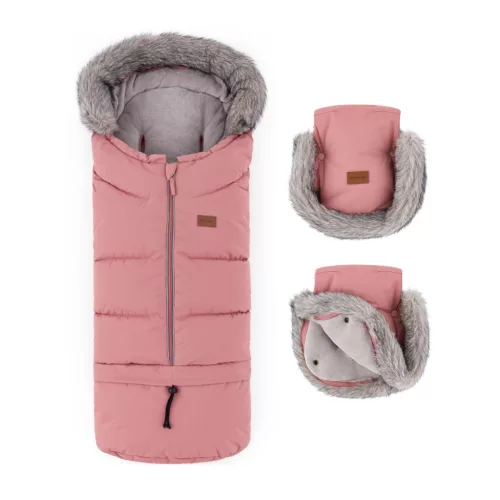 PETITE&MARS Arctic 4v1 téli bundazsák szett + babakocsi kézmelegítő Furry Old Rose